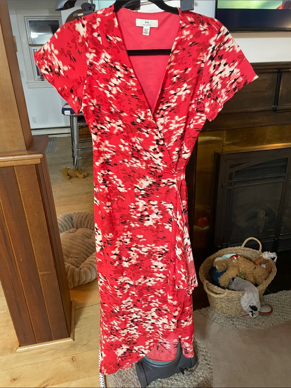H by Halston Red and White Abstract Wrap Midi Dress